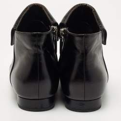 Pre Owned Chanel Black Leather and Canvas Cap Toe Fold Over Logo Ankle Boots Size 41