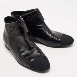 Pre Owned Chanel Black Leather and Canvas Cap Toe Fold Over Logo Ankle Boots Size 41