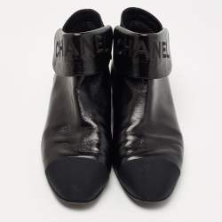 Pre Owned Chanel Black Leather and Canvas Cap Toe Fold Over Logo Ankle Boots Size 41