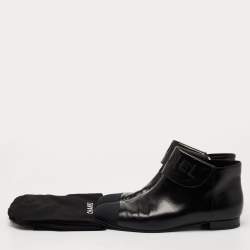Pre Owned Chanel Black Leather and Canvas Cap Toe Fold Over Logo Ankle Boots Size 41