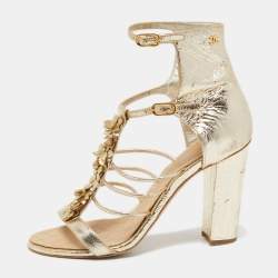 Chanel Gold Textured Leather Flower Applique Ankle Strap Sandals Size 41
