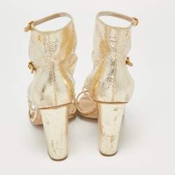 Chanel Gold Textured Leather Flower Applique Ankle Strap Sandals Size 41