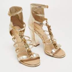 Chanel Gold Textured Leather Flower Applique Ankle Strap Sandals Size 41
