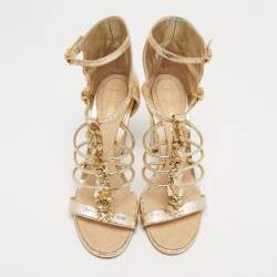 Chanel Gold Textured Leather Flower Applique Ankle Strap Sandals Size 41