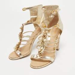 Chanel Gold Textured Leather Flower Applique Ankle Strap Sandals Size 41