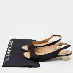 Pre Owned Chanel Black Satin Open Toe Block Heel Slingback Pumps Size 38.5