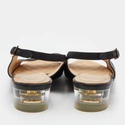 Pre Owned Chanel Black Satin Open Toe Block Heel Slingback Pumps Size 38.5