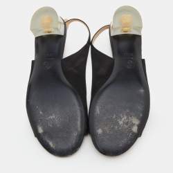 Pre Owned Chanel Black Satin Open Toe Block Heel Slingback Pumps Size 38.5