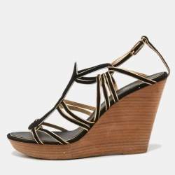 Chanel Black/Gold Suede and Leather Wedge Sandals Size 39