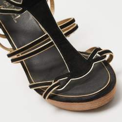 Chanel Black/Gold Suede and Leather Wedge Sandals Size 39