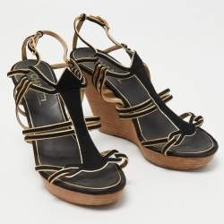 Chanel Black/Gold Suede and Leather Wedge Sandals Size 39