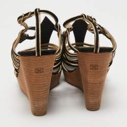 Chanel Black/Gold Suede and Leather Wedge Sandals Size 39