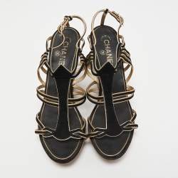 Chanel Black/Gold Suede and Leather Wedge Sandals Size 39