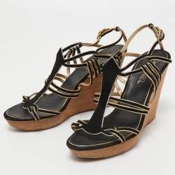 Chanel Black/Gold Suede and Leather Wedge Sandals Size 39