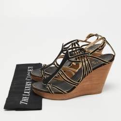 Chanel Black/Gold Suede and Leather Wedge Sandals Size 39