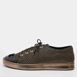 Pre Owned Chanel Black/Gold Mesh and Leather CC Cap Toe Low Top Sneakers Size 39.5