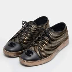 Pre Owned Chanel Black/Gold Mesh and Leather CC Cap Toe Low Top Sneakers Size 39.5
