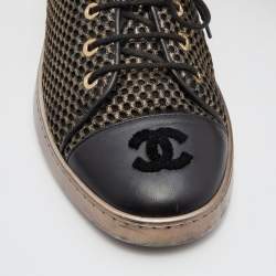 Pre Owned Chanel Black/Gold Mesh and Leather CC Cap Toe Low Top Sneakers Size 39.5