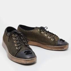 Pre Owned Chanel Black/Gold Mesh and Leather CC Cap Toe Low Top Sneakers Size 39.5