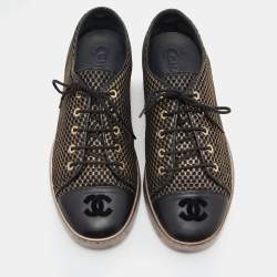 Pre Owned Chanel Black/Gold Mesh and Leather CC Cap Toe Low Top Sneakers Size 39.5