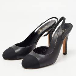 Pre Owned Chanel Black Leather Pearl Heel Slingback Pumps Size 40