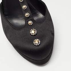Pre Owned Chanel Black Satin Studded T-Strap Pumps Size 38