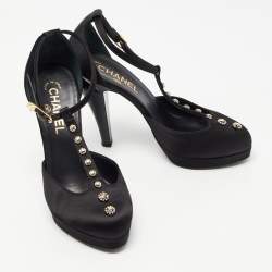 Pre Owned Chanel Black Satin Studded T-Strap Pumps Size 38