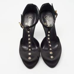 Pre Owned Chanel Black Satin Studded T-Strap Pumps Size 38