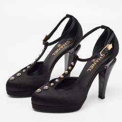 Pre Owned Chanel Black Satin Studded T-Strap Pumps Size 38