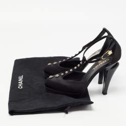Pre Owned Chanel Black Satin Studded T-Strap Pumps Size 38