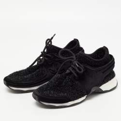 Pre Owned Chanel Black Velvet and Tinsel Fabric CC Low Top Sneakers Size 40.5