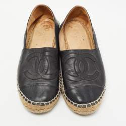 Pre Owned Chanel Black Leather CC Espadrille Flats Size 36
