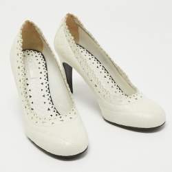 Pre Owned Chanel White Quilted Laser Cut Leather Round Toe Pumps Size 38.5