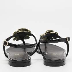 Pre Owned Chanel Black/White Patent Leather CC Camellia Thong Flats Size 37