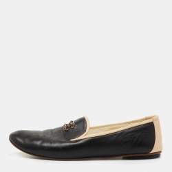 Chanel Black/Beige Leather CC Smoking Slippers Size 36.5