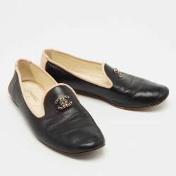 Chanel Black/Beige Leather CC Smoking Slippers Size 36.5