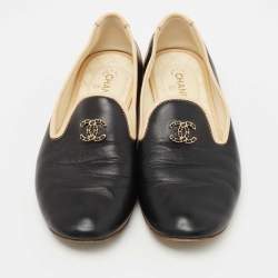 Chanel Black/Beige Leather CC Smoking Slippers Size 36.5