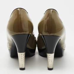 Pre Owned Chanel Olive Green/Black Patent Leather CC Platform Pumps Size 39.5