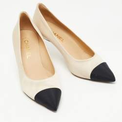 Chanel Beige/Black Satin CC Cap Toe Pumps Size 39