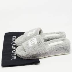 Chanel Grey/White Fabric CC Platform Slides Size 37
