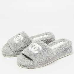 Chanel Grey/White Fabric CC Platform Slides Size 37