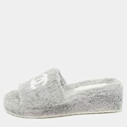 Chanel Grey/White Fabric CC Platform Slides Size 37