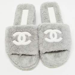 Chanel Grey/White Fabric CC Platform Slides Size 37