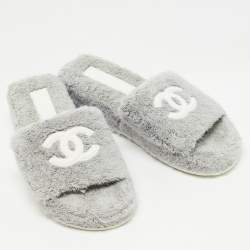 Chanel Grey/White Fabric CC Platform Slides Size 37