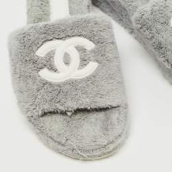Chanel Grey/White Fabric CC Platform Slides Size 37