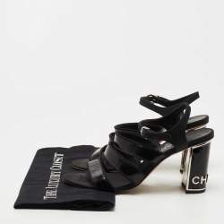Pre Owned Chanel Black Patent Leather and Fabric Ankle Strap Sandals Size 38.5
