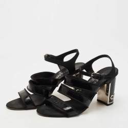 Pre Owned Chanel Black Patent Leather and Fabric Ankle Strap Sandals Size 38.5