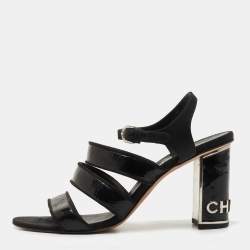 Pre Owned Chanel Black Patent Leather and Fabric Ankle Strap Sandals Size 38.5