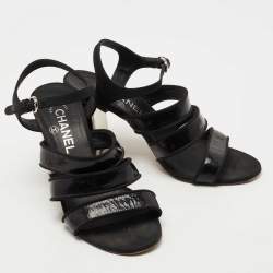 Pre Owned Chanel Black Patent Leather and Fabric Ankle Strap Sandals Size 38.5