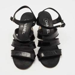 Pre Owned Chanel Black Patent Leather and Fabric Ankle Strap Sandals Size 38.5